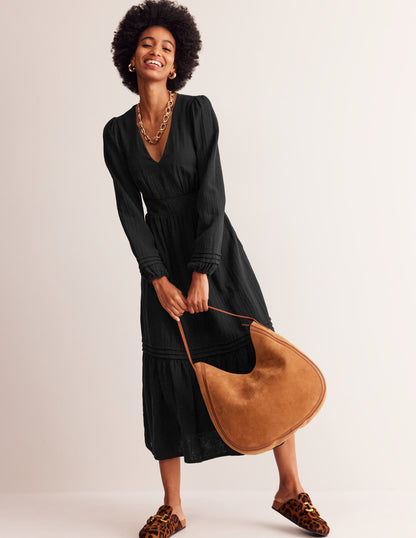 Eve Sleeved Double Cloth Dress-Black