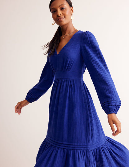 Eve Sleeved Double Cloth Dress-Mazarine Blue