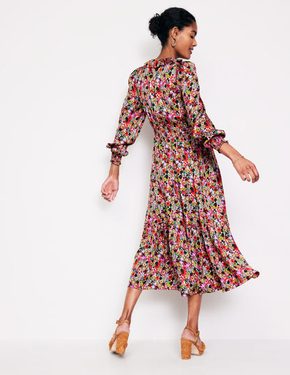 Shirred Ruffle Midi Dress-Multi, Meadow Pop