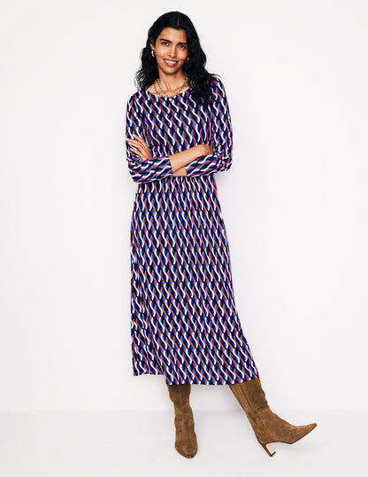 Amelie Long Sleeve Midi Dress-Kingfisher Blue, Trellis Wave