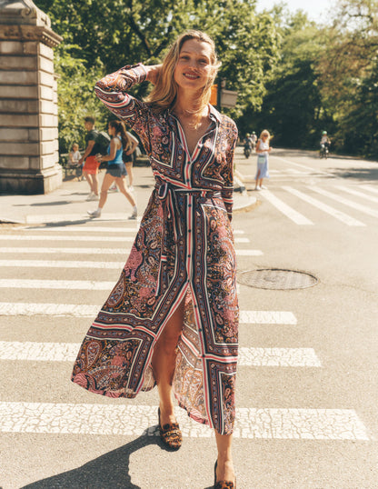 Scarf Print Shirt Dress -French Navy, Tiger Bloom