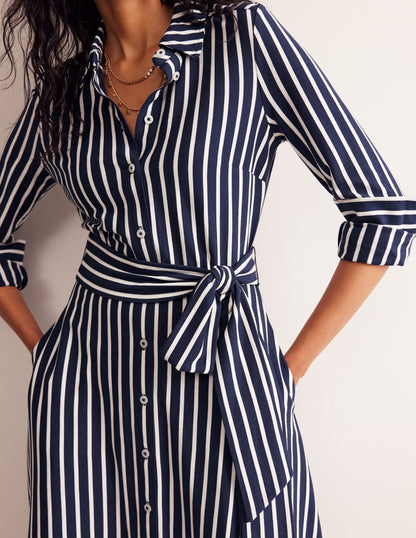 Marcia Jersey Midi Shirt Dress-Navy, Ivory Stripe