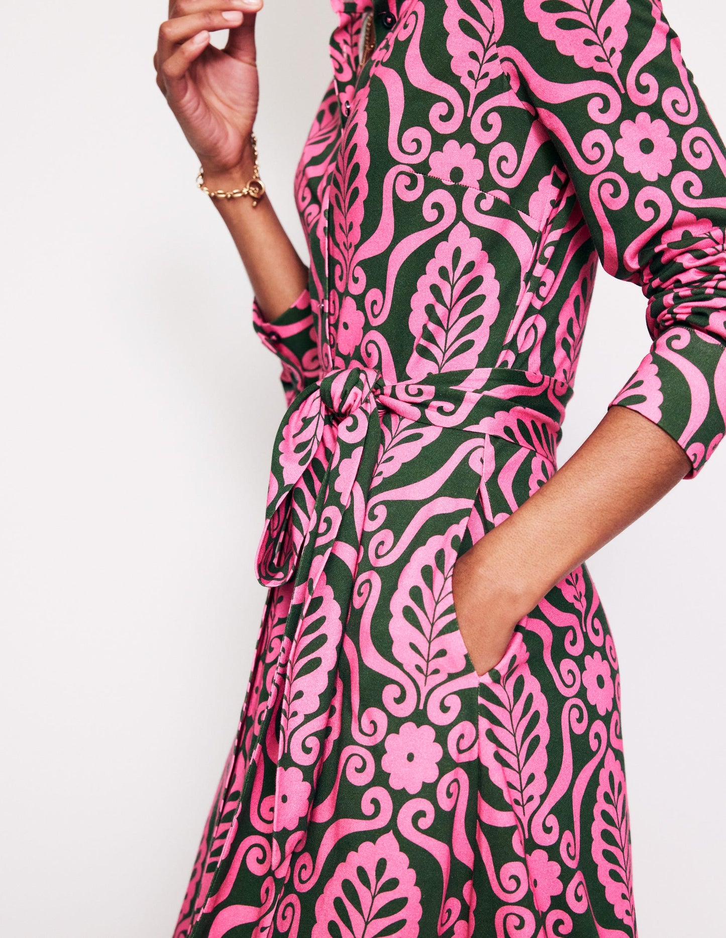 Marcia Jersey Midi Shirt Dress-Party Pink, Foliage Stamp