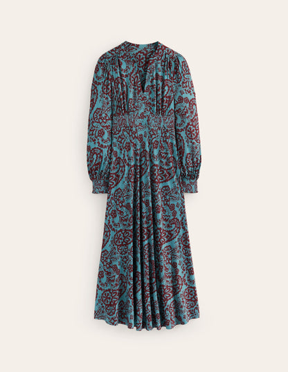 Ivy Smocked Midi Dress-Blue Grass, Paisley Cascade