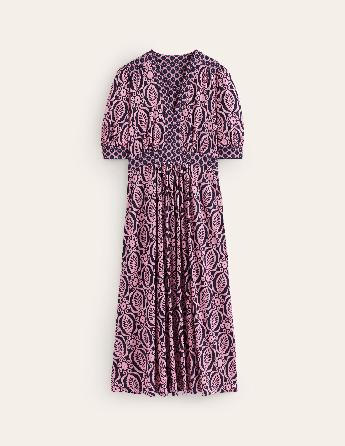 Lily Jersey Midi Tea Dress-Old Rose, Foliage Stamp