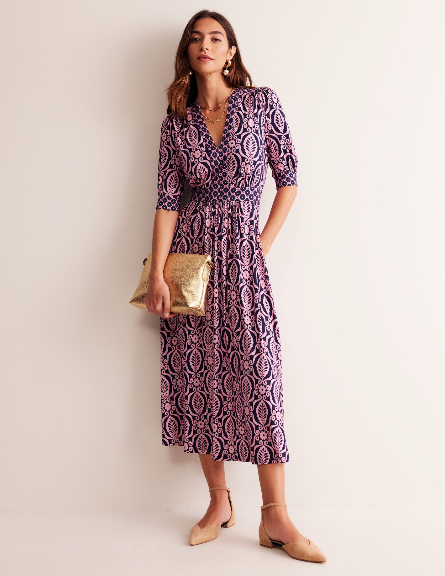 Lily Jersey Midi Tea Dress-Old Rose, Foliage Stamp