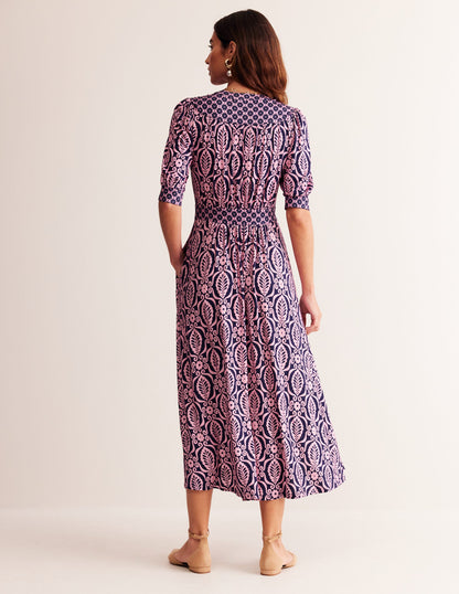 Lily Jersey Midi Tea Dress-Old Rose, Foliage Stamp