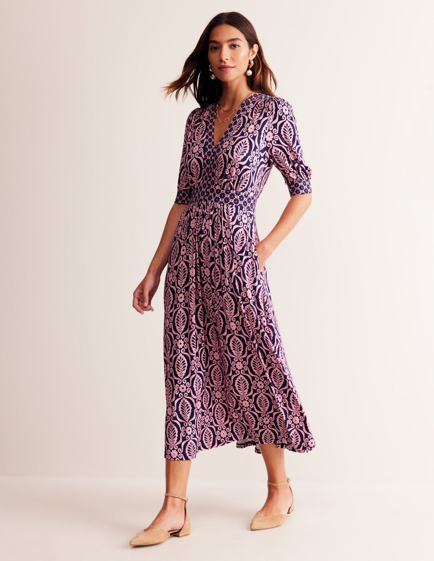 Lily Jersey Midi Tea Dress-Old Rose, Foliage Stamp