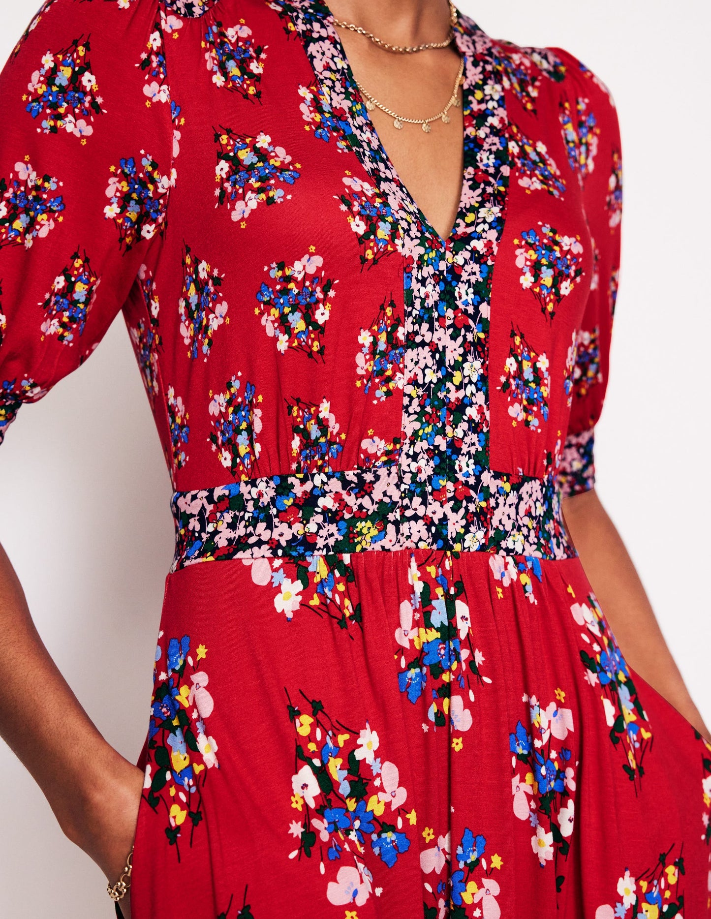 Lily Jersey Midi Tea Dress-Bright Ruby, Poppy Bouquet