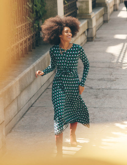 Twisted Waist Jersey Dress -Navy, Polka Wave