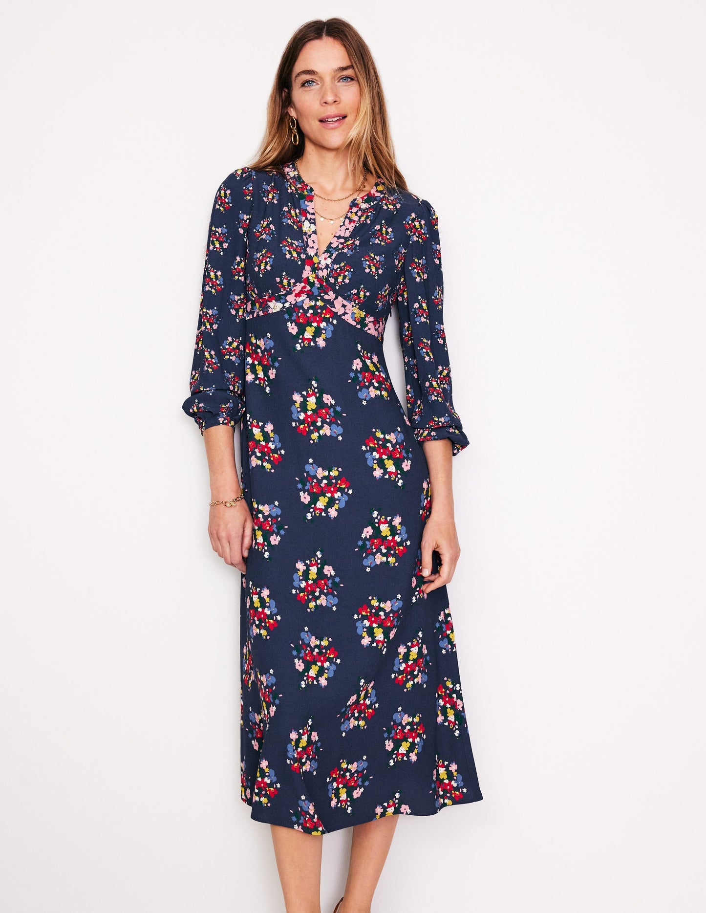 Imelda Border Print Midi Dress-French Navy, Poppy Bouquet