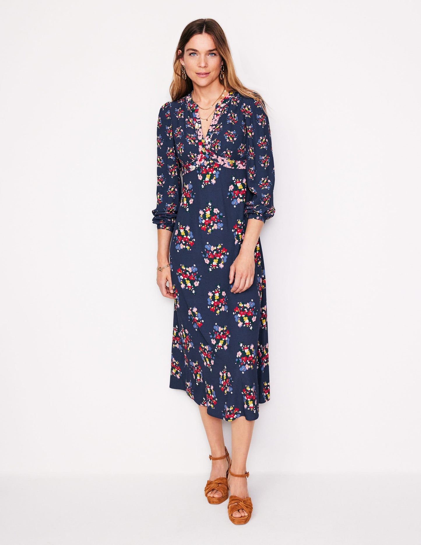 Imelda Border Print Midi Dress-French Navy, Poppy Bouquet