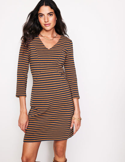 Bronte Ottoman Dress-Ochre, Navy Stripe