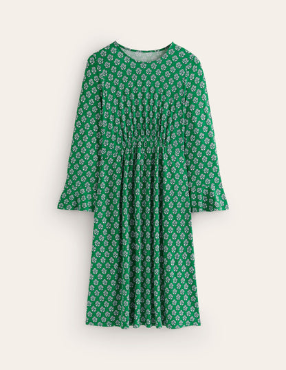 Flute Sleeve Jersey Dress-Rich Emerald, Pome Stamp