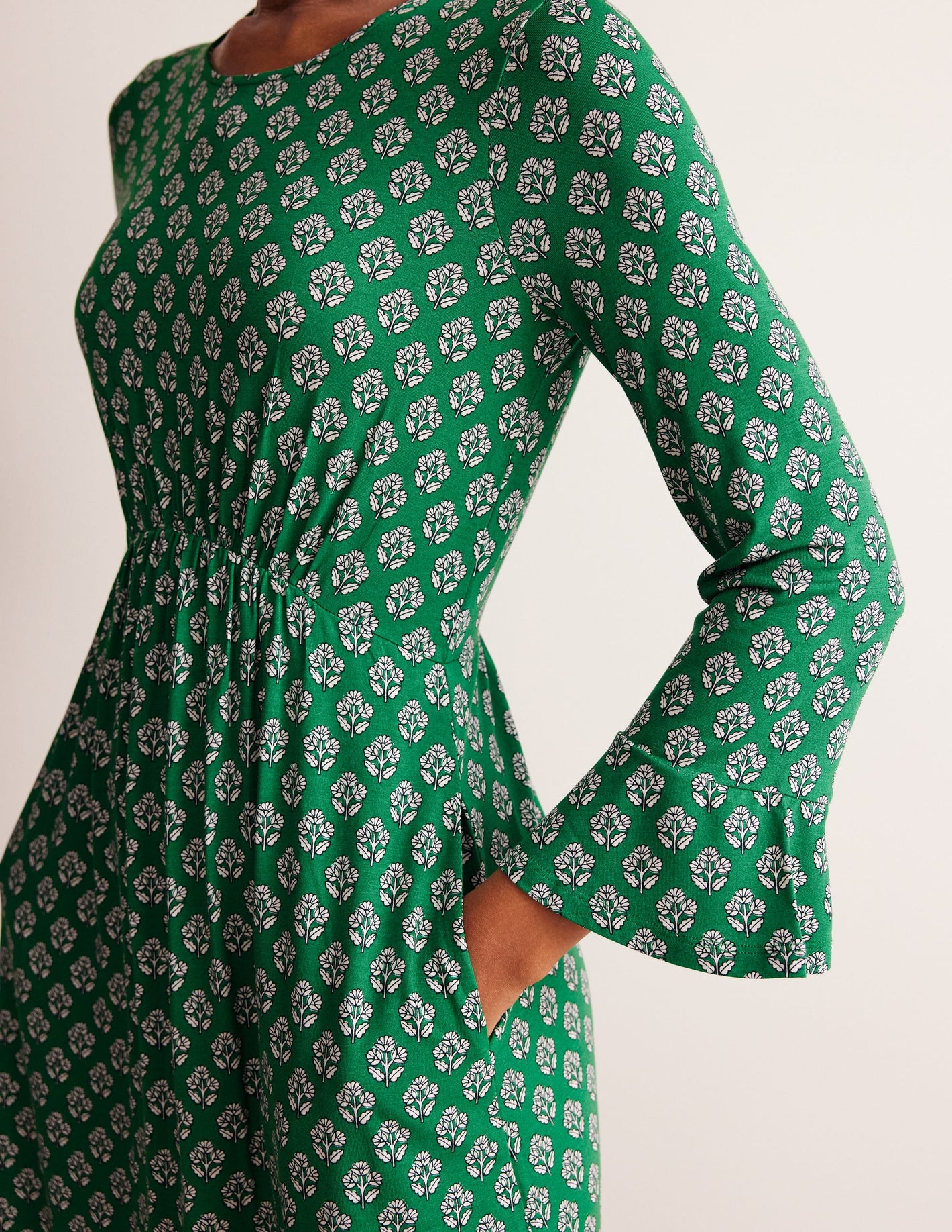 Flute Sleeve Jersey Dress-Rich Emerald, Pome Stamp