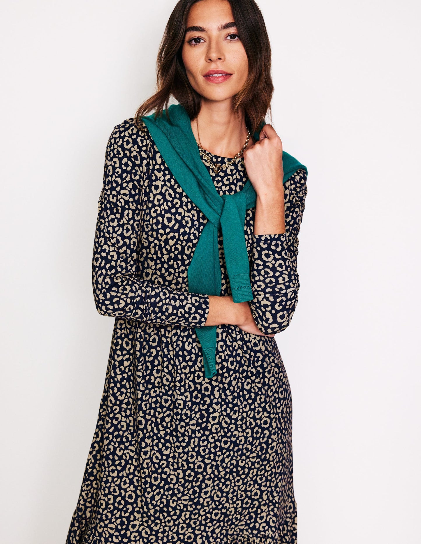 Emma Long Sleeve Jersey Dress-Macadamia, Animal Stamp