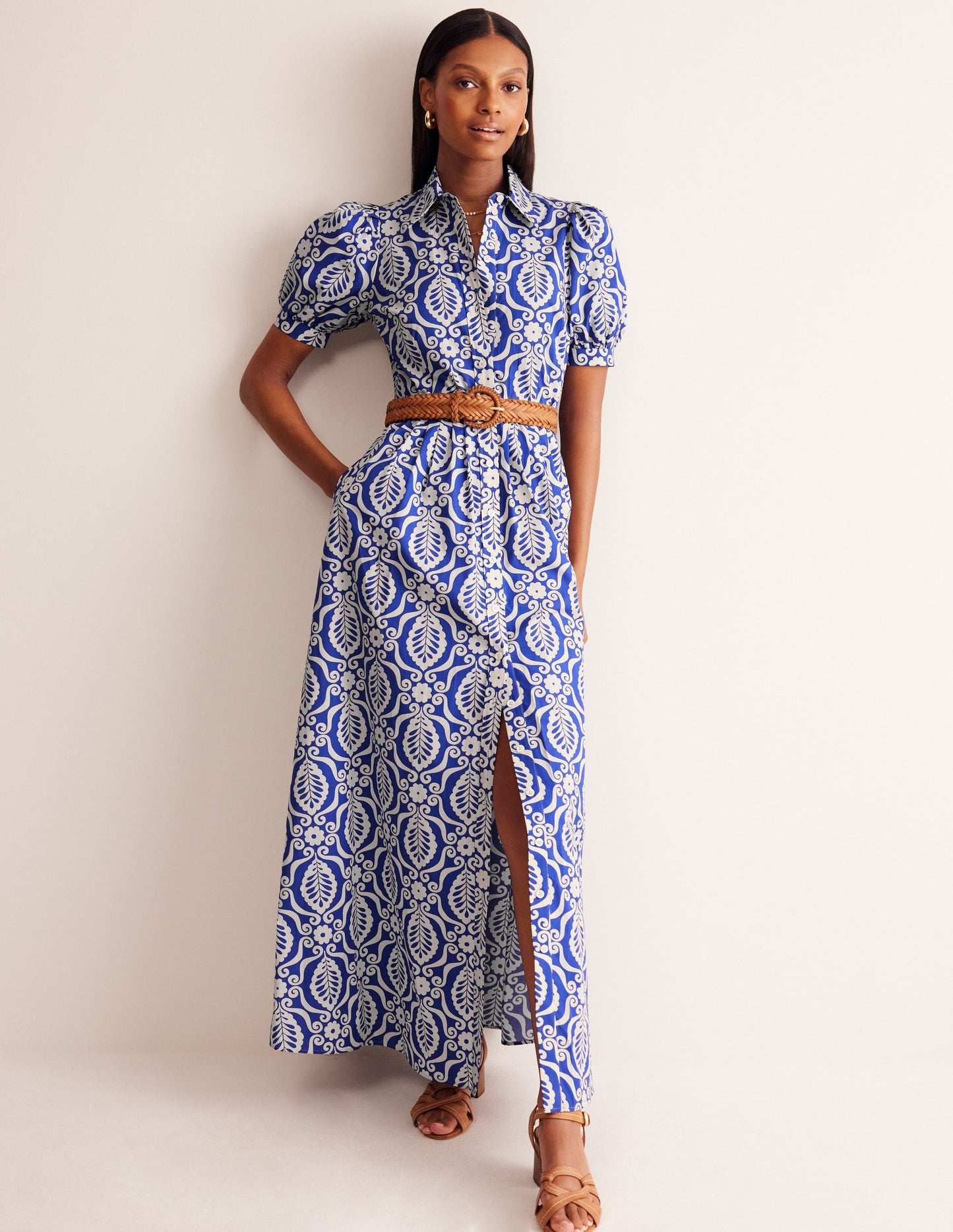 Alexa Maxi Shirt Dress-Mazarine Blue, Foliage Stamp