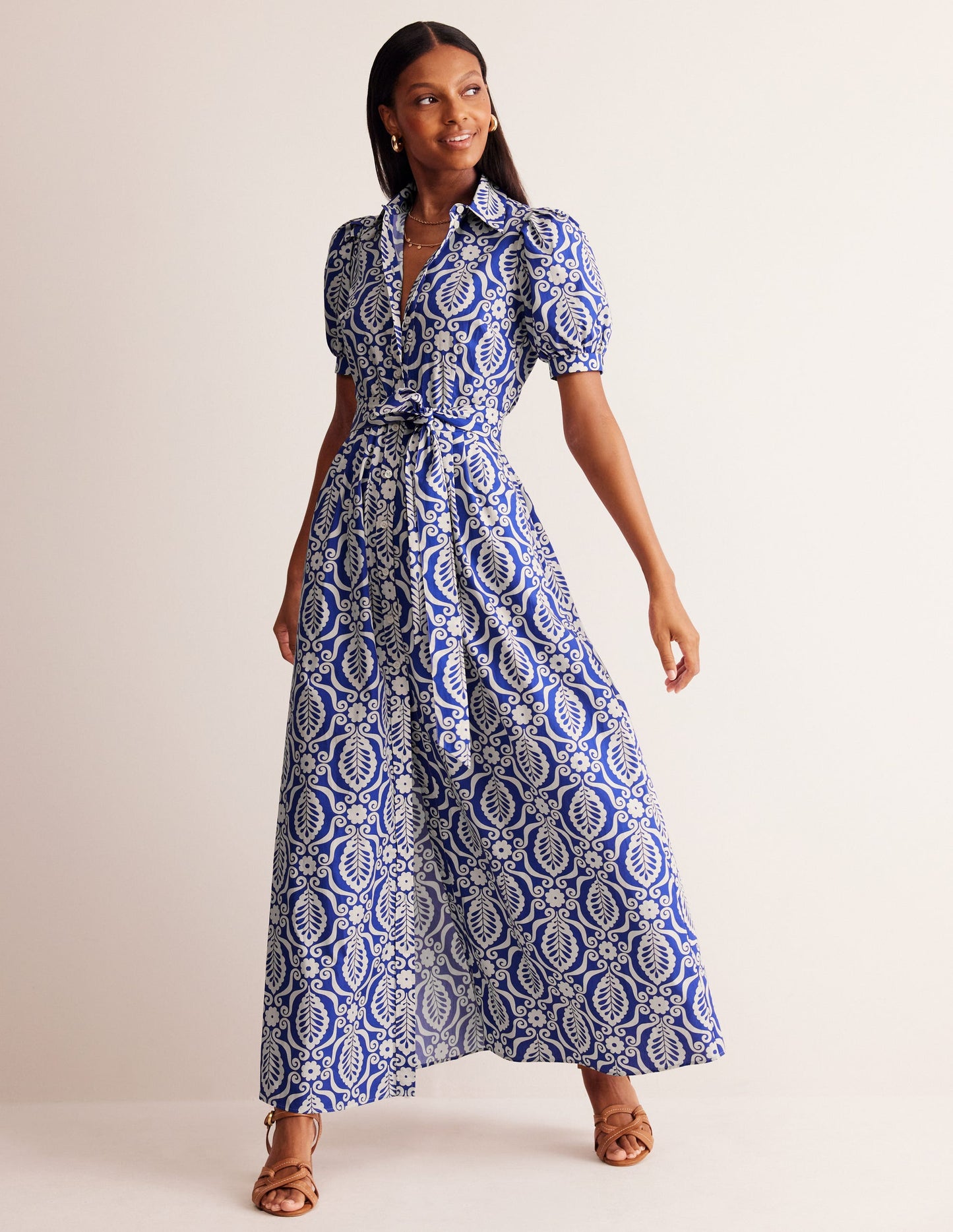 Alexa Maxi Shirt Dress-Mazarine Blue, Foliage Stamp