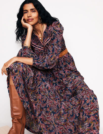 Quilted Yoke Maxi Dress-True Navy, Opulent Paisley