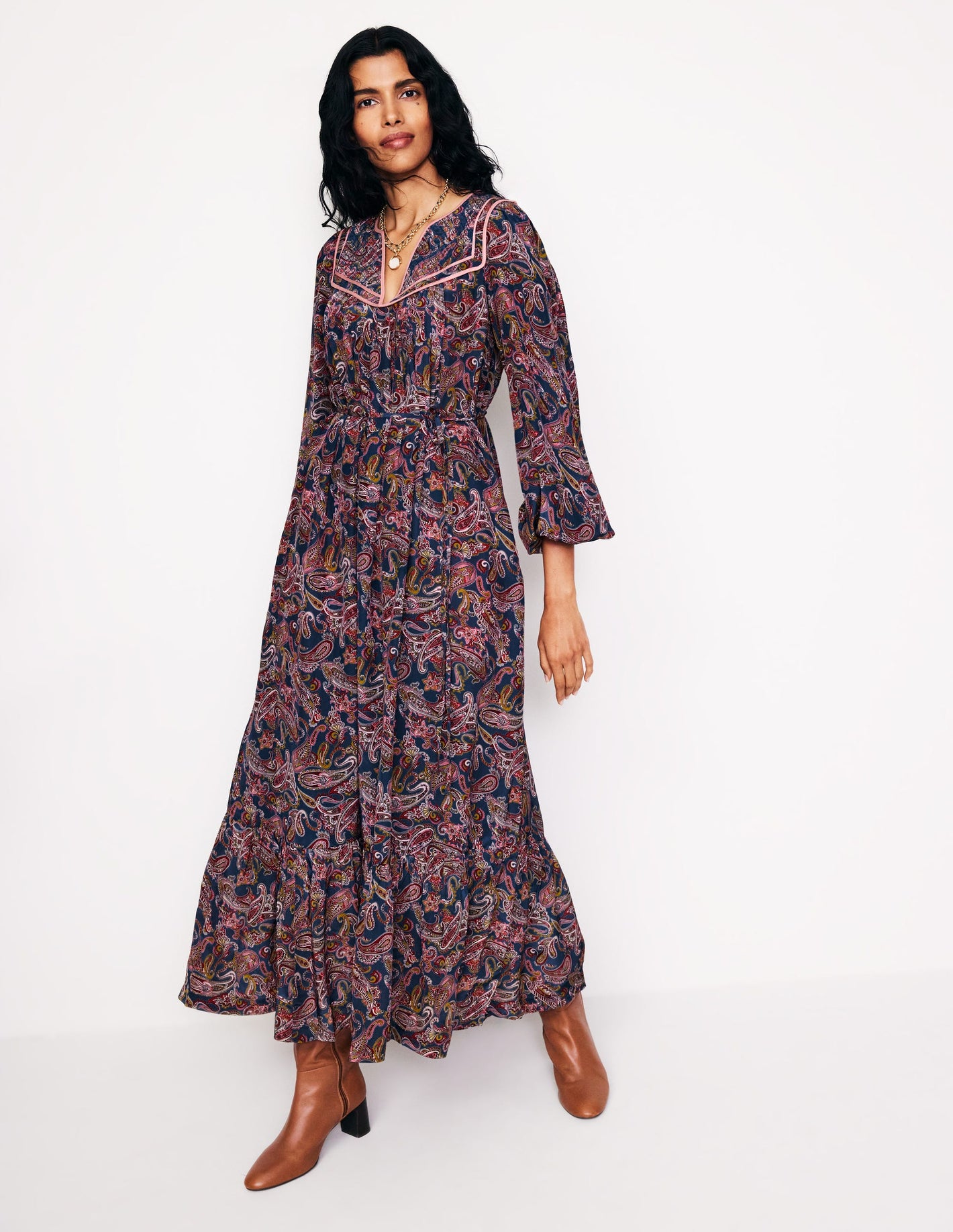 Quilted Yoke Maxi Dress-True Navy, Opulent Paisley