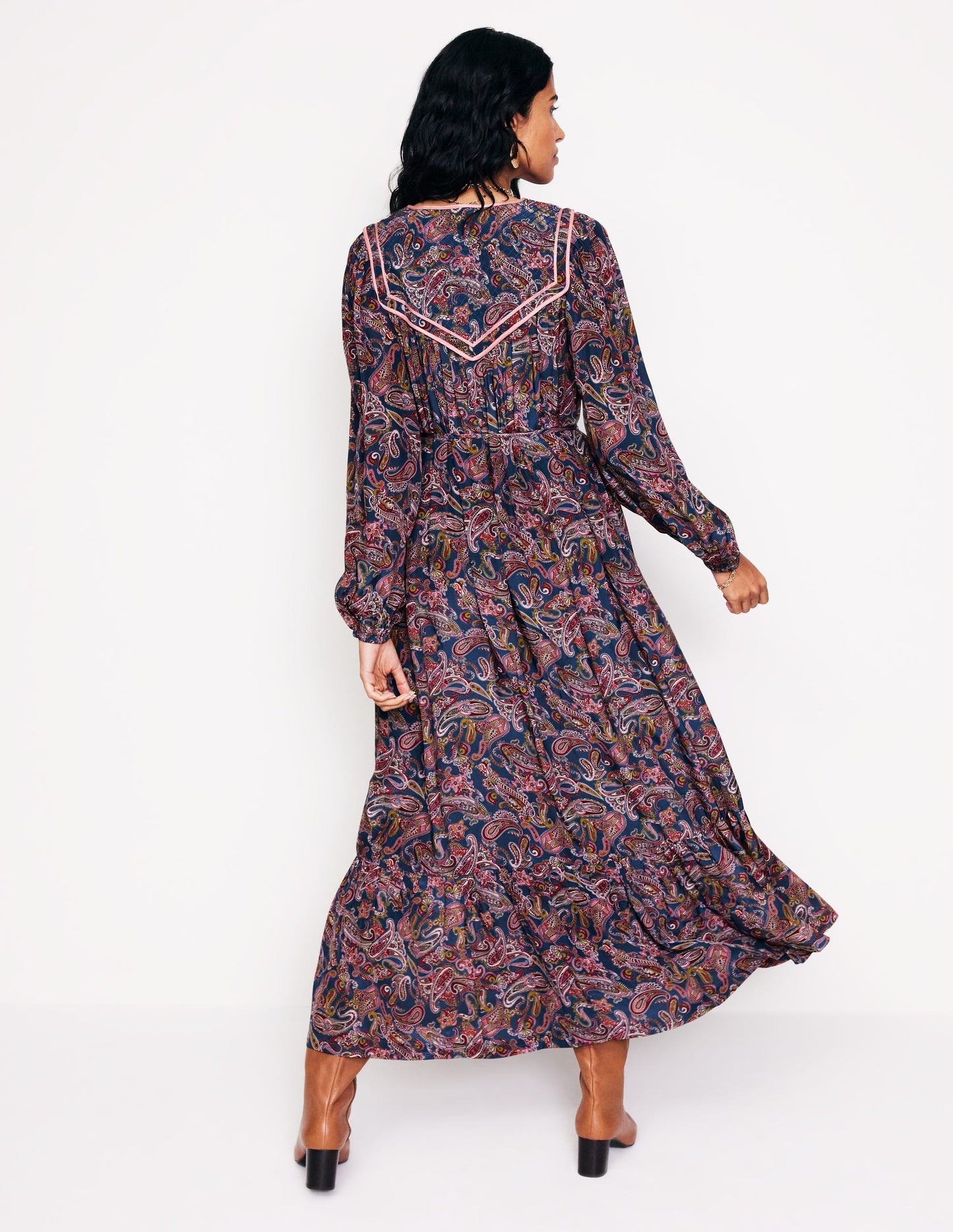 Quilted Yoke Maxi Dress-True Navy, Opulent Paisley