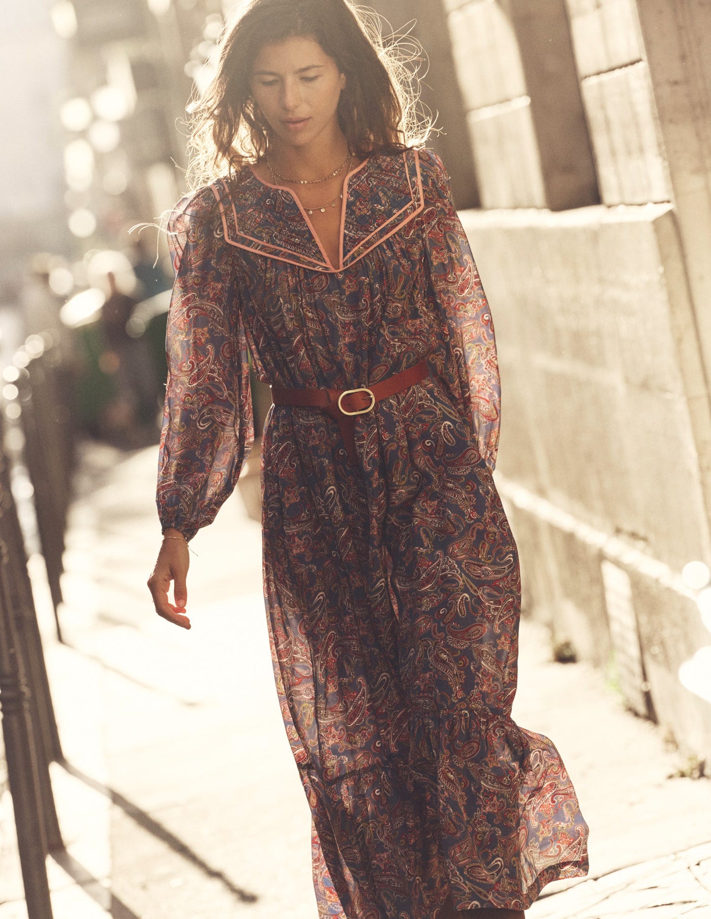 Quilted Yoke Maxi Dress-True Navy, Opulent Paisley