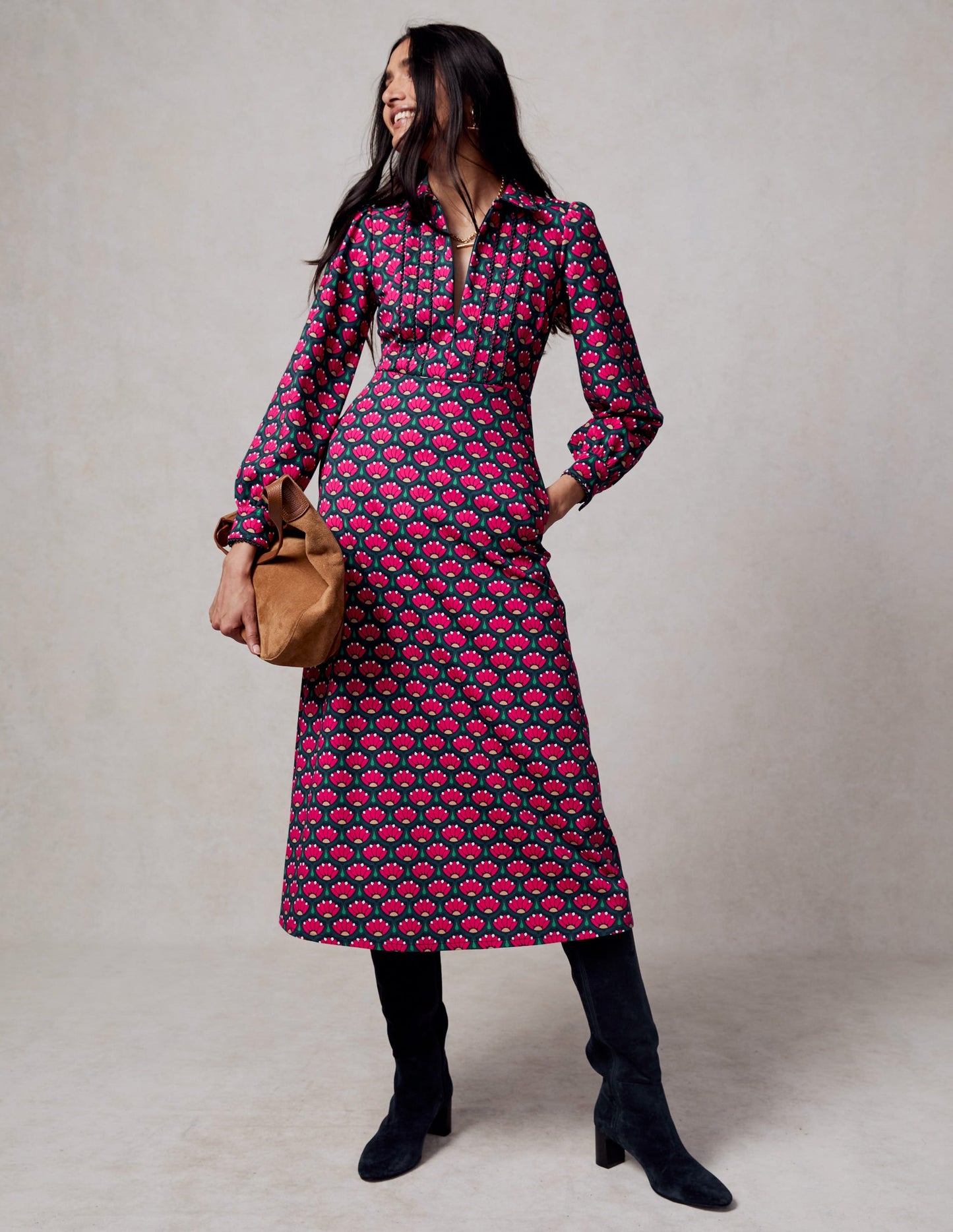 Piping Zip-up Ponte Dress -Bright Pink, Lotus Stamp