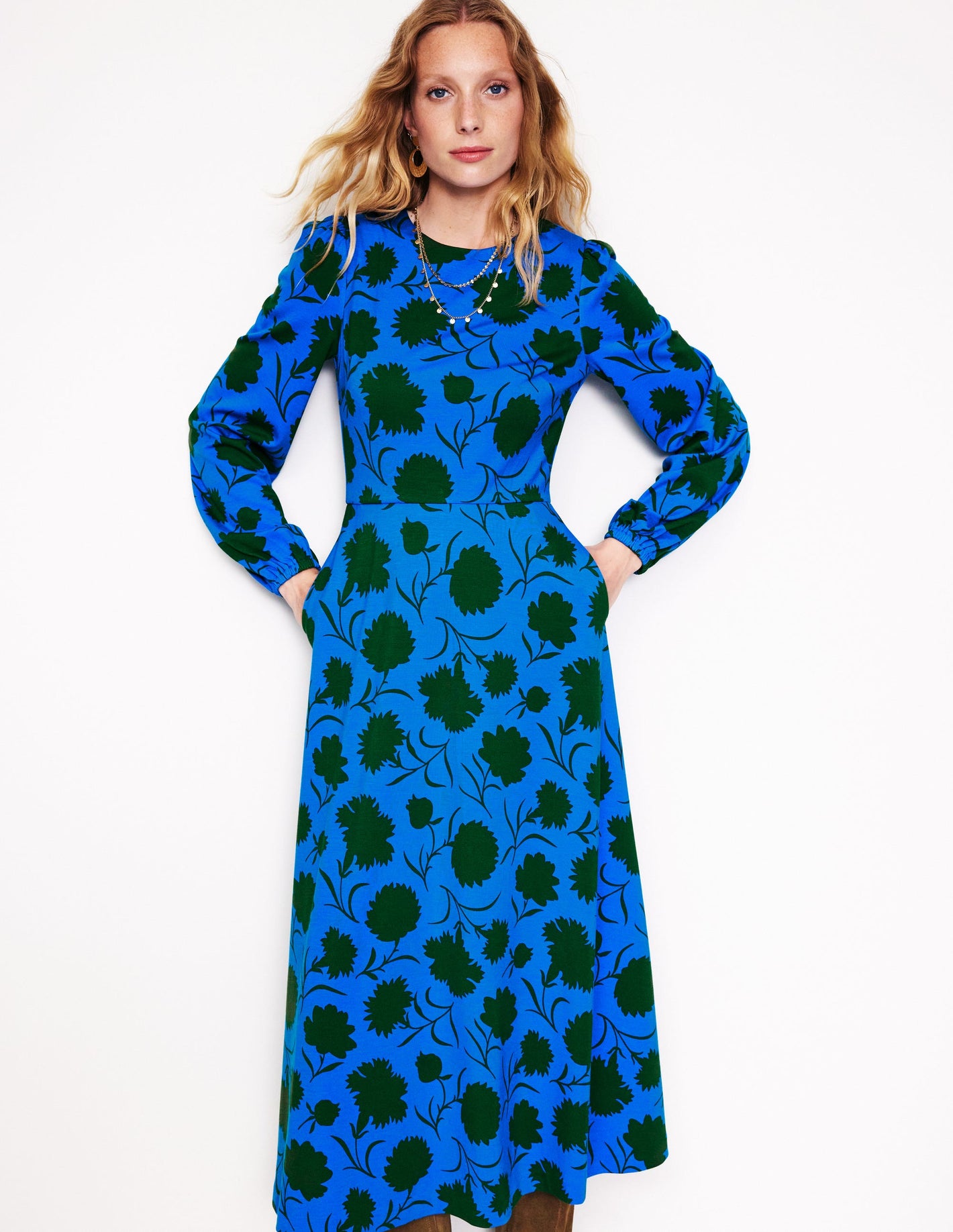 Crew Neck Ponte Dress-Blue, Silhouette Sprig