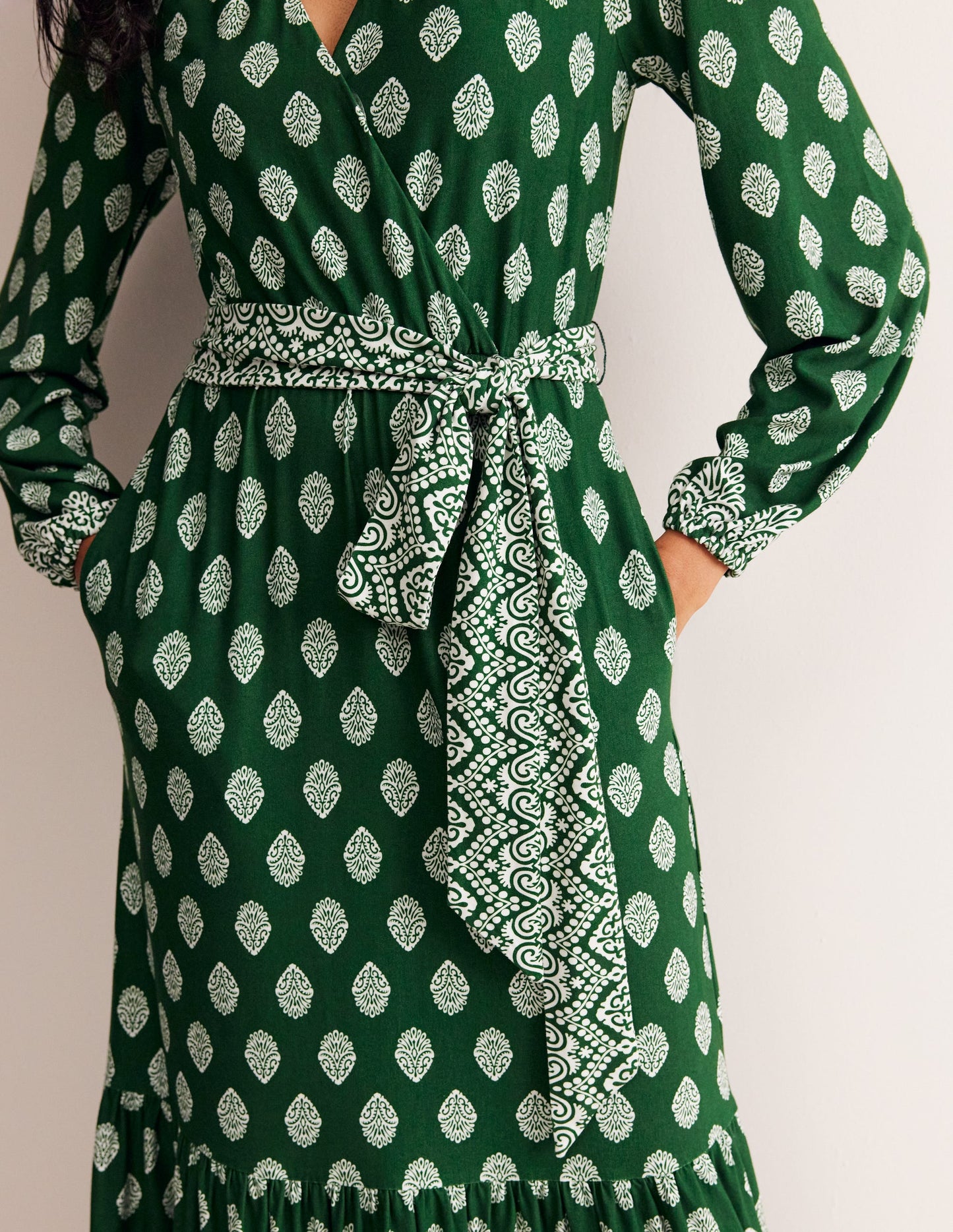 Ophelia Wrap Midi Jersey Dress-Pine, Ornate Stamp