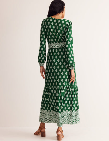 Ophelia Wrap Midi Jersey Dress-Pine, Ornate Stamp