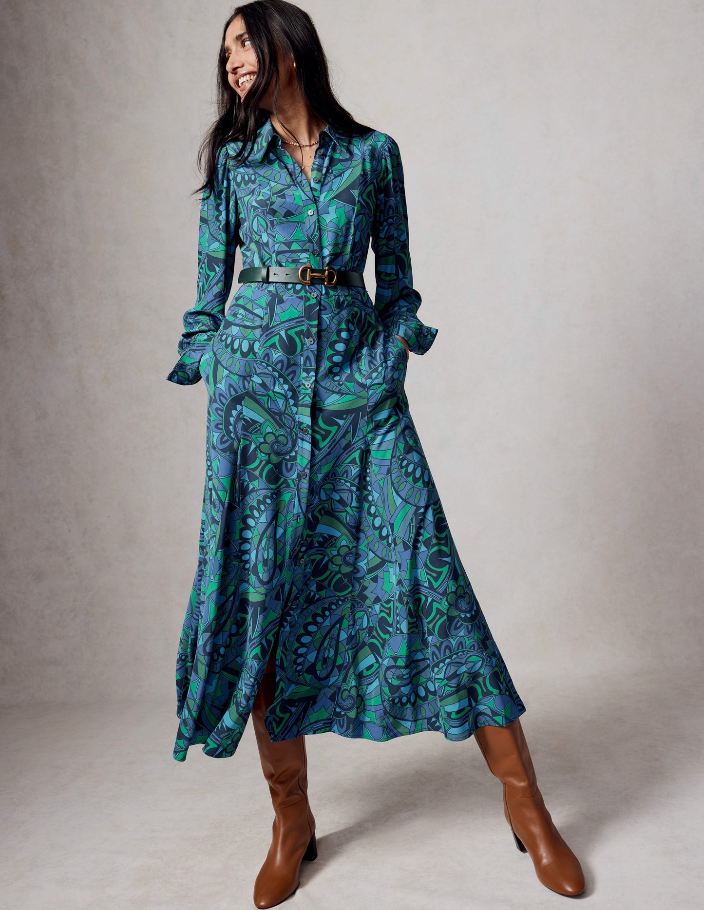 Martha Godet Maxi Shirt Dress -Blue, Kaleidoscopic Paisley