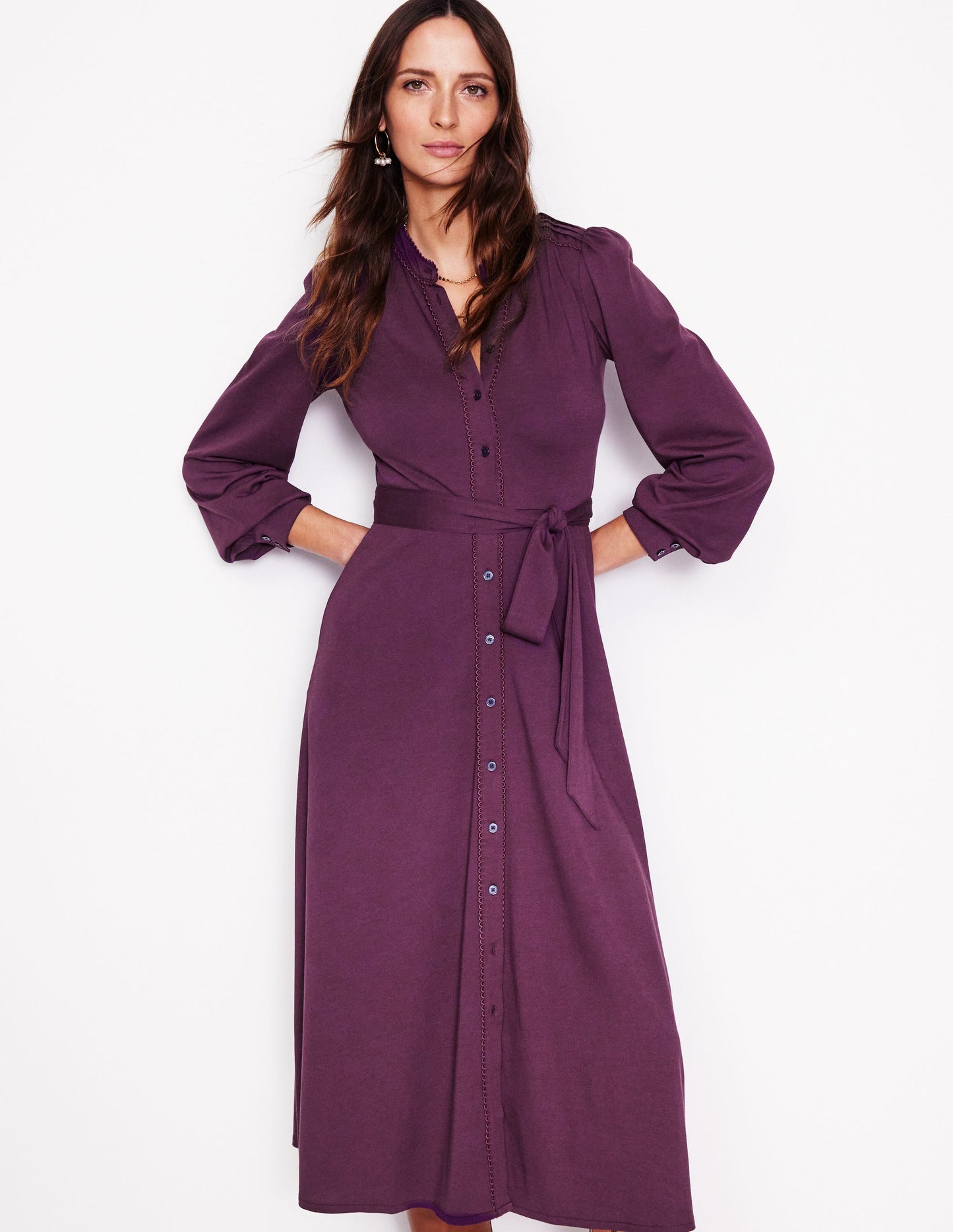 Rowena Trim Jersey Shirt Dress-Damson