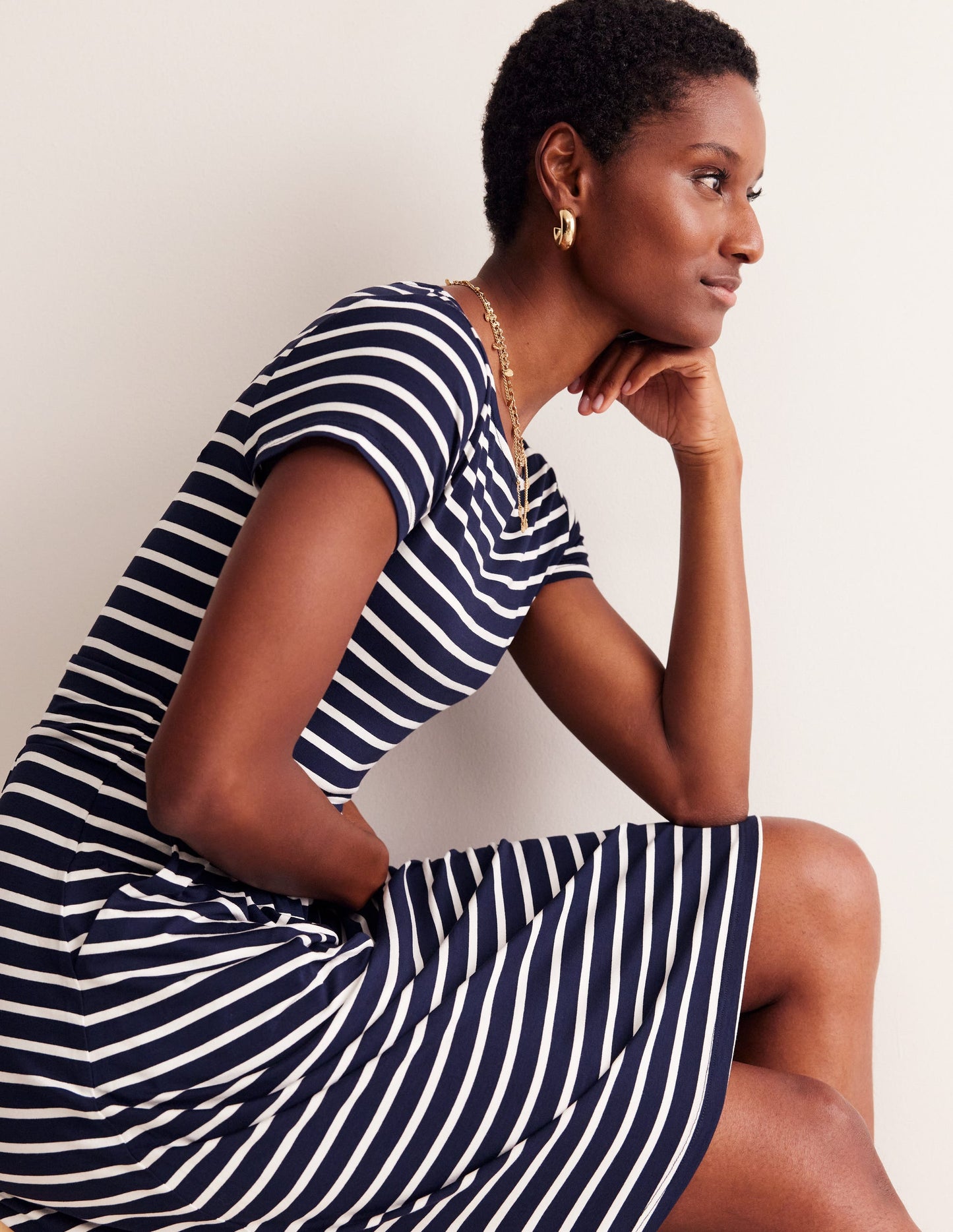 Amelie Jersey Dress -Navy, Ivory Stripe