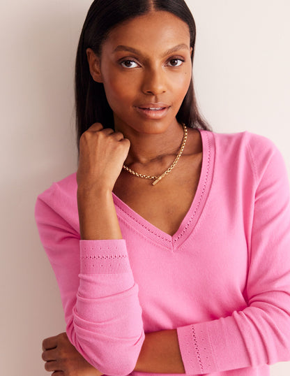 Catriona Cotton V-Neck Jumper-Carmine Rose Pink