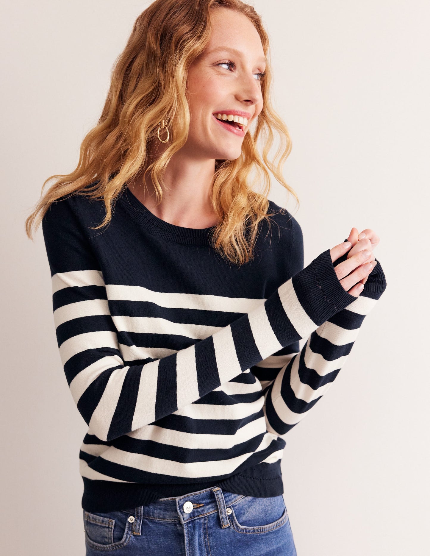 Catriona Cotton Crew Jumper-Navy/ Ivory