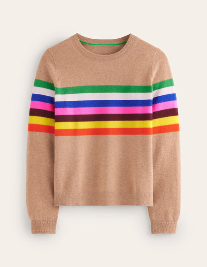 Eva Cashmere Crew Neck Jumper-Camel Melange, Rainbow