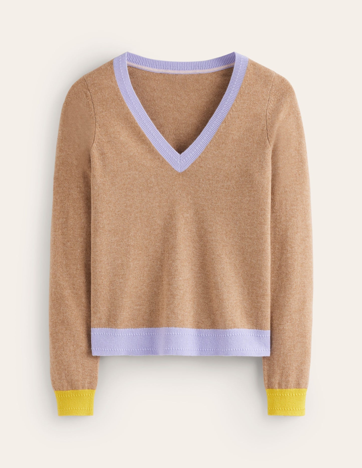 Eva Cashmere V-Neck Jumper-Camel Melange Colour Block