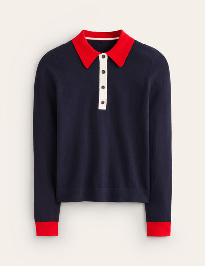 Cotton Blend Henley Jumper-Navy