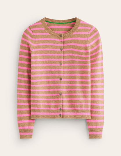 Eva Cashmere Crew Cardigan-Camel Melange/ Fluro Pink