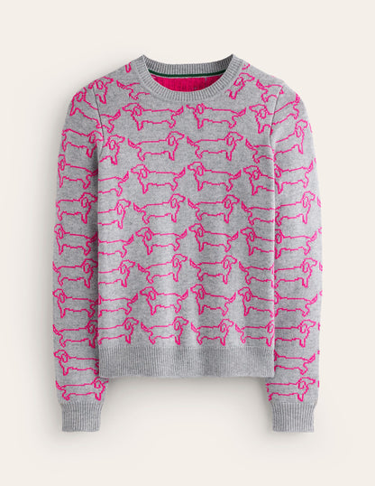 Heather Jacquard Jumper-Grey Marl, Pink Sausage Dog