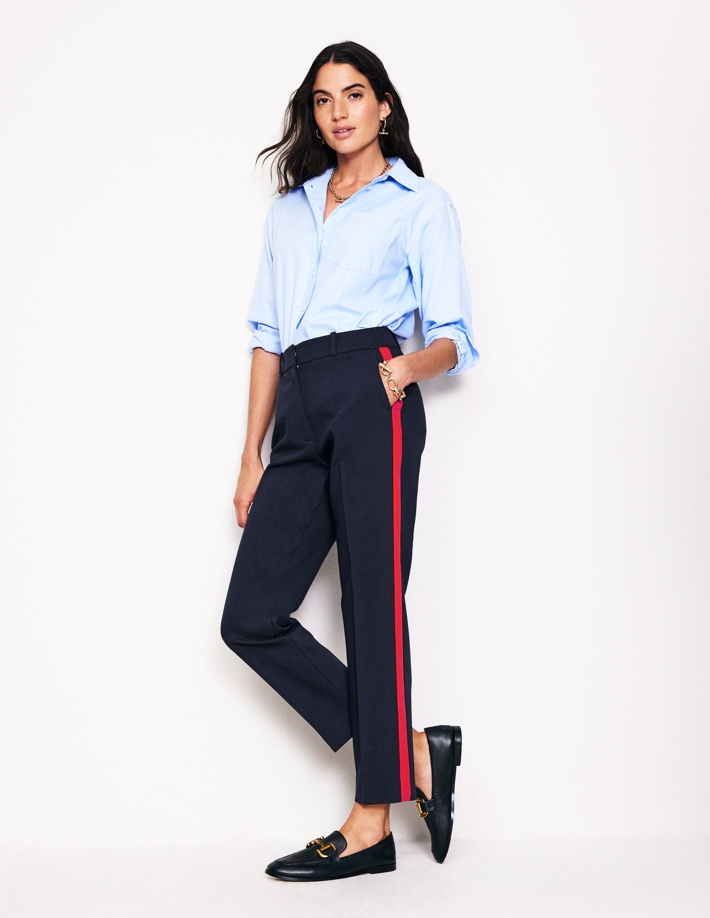 Kew Side Stripe Trousers-Navy, Red Stripe