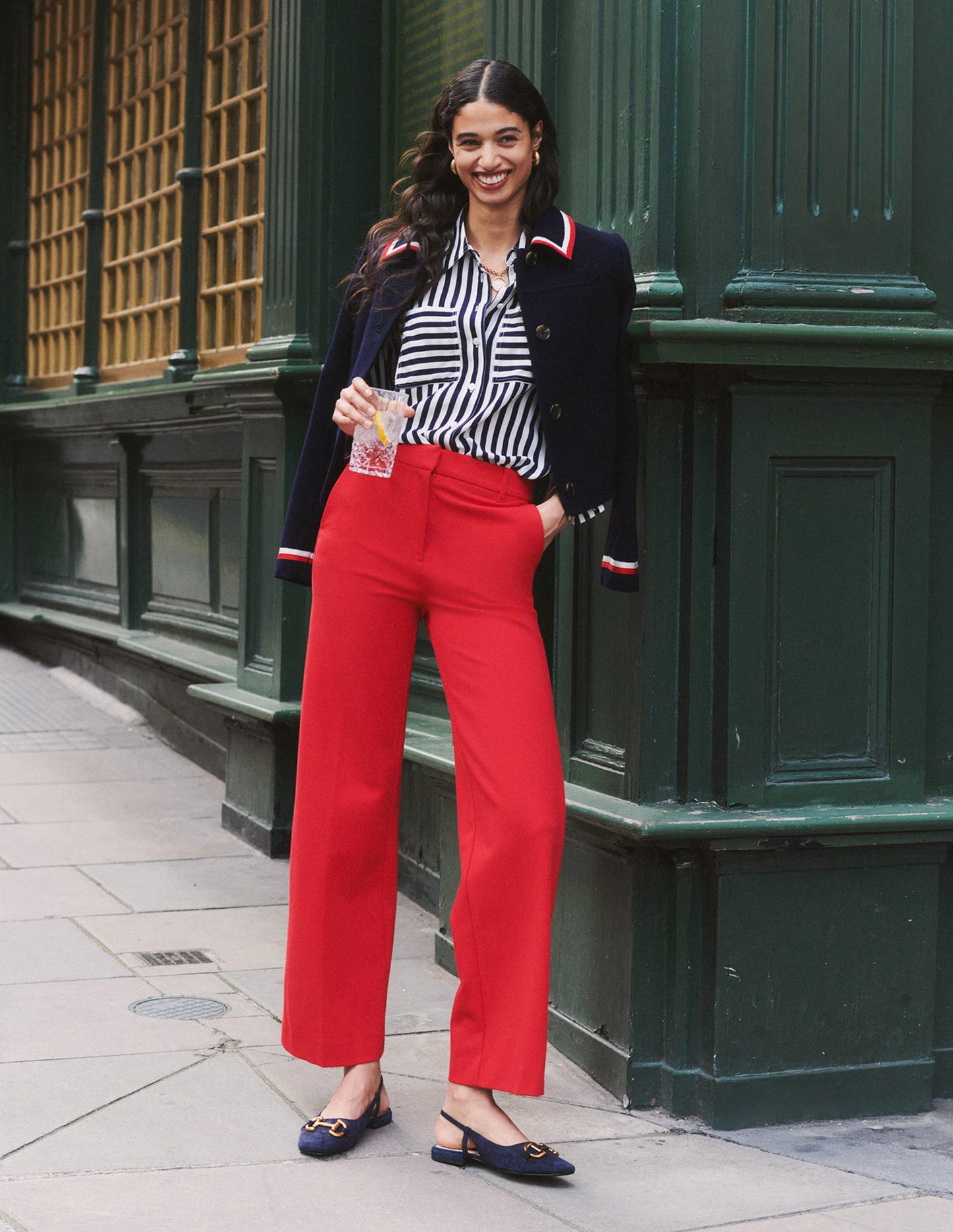 Westbourne Ponte Trousers-Red with Navy Side Stripe