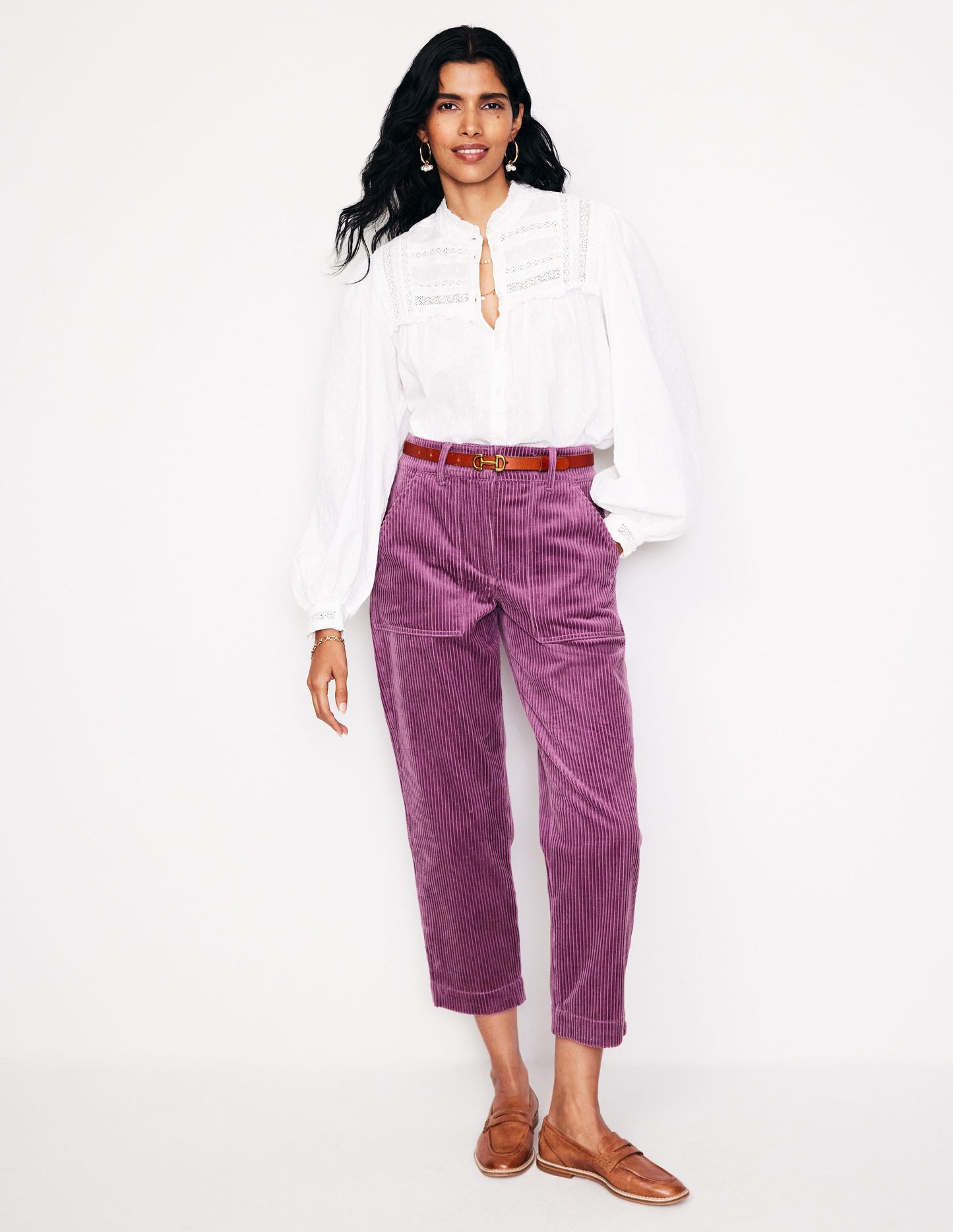 Tapered Cord Cargo Trousers-Purple Thistle