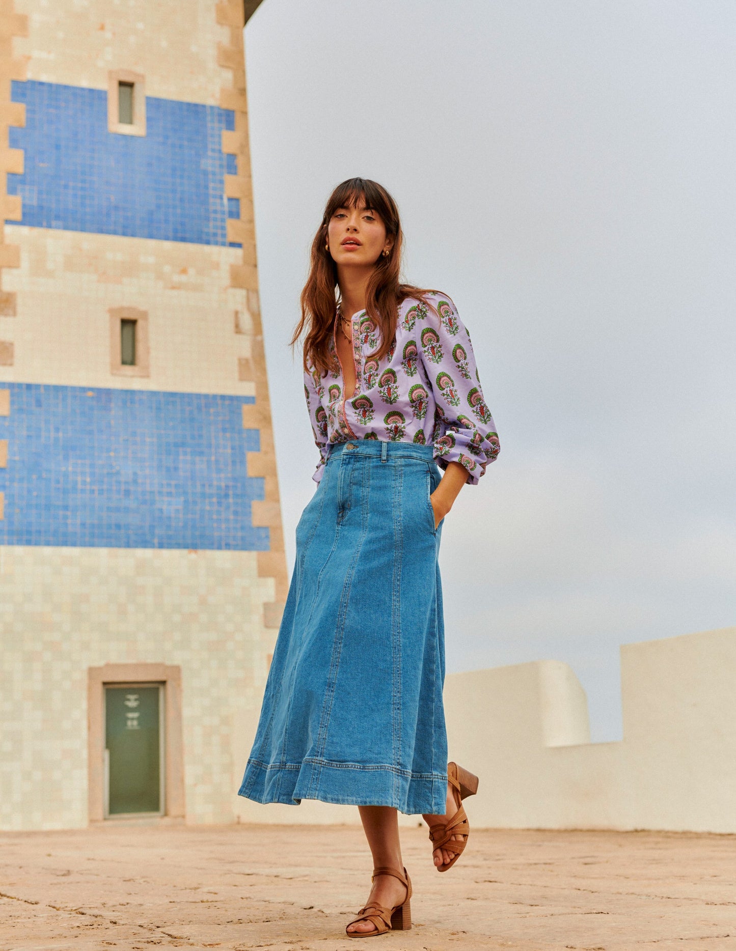 Panelled Full Denim Skirt-Mid Vintage