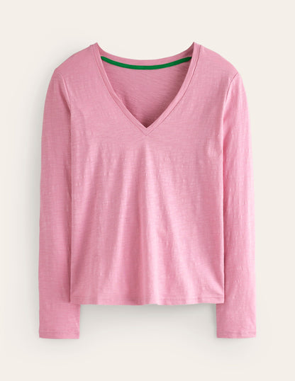 Cotton V-Neck Long Sleeve Top-Old Rose