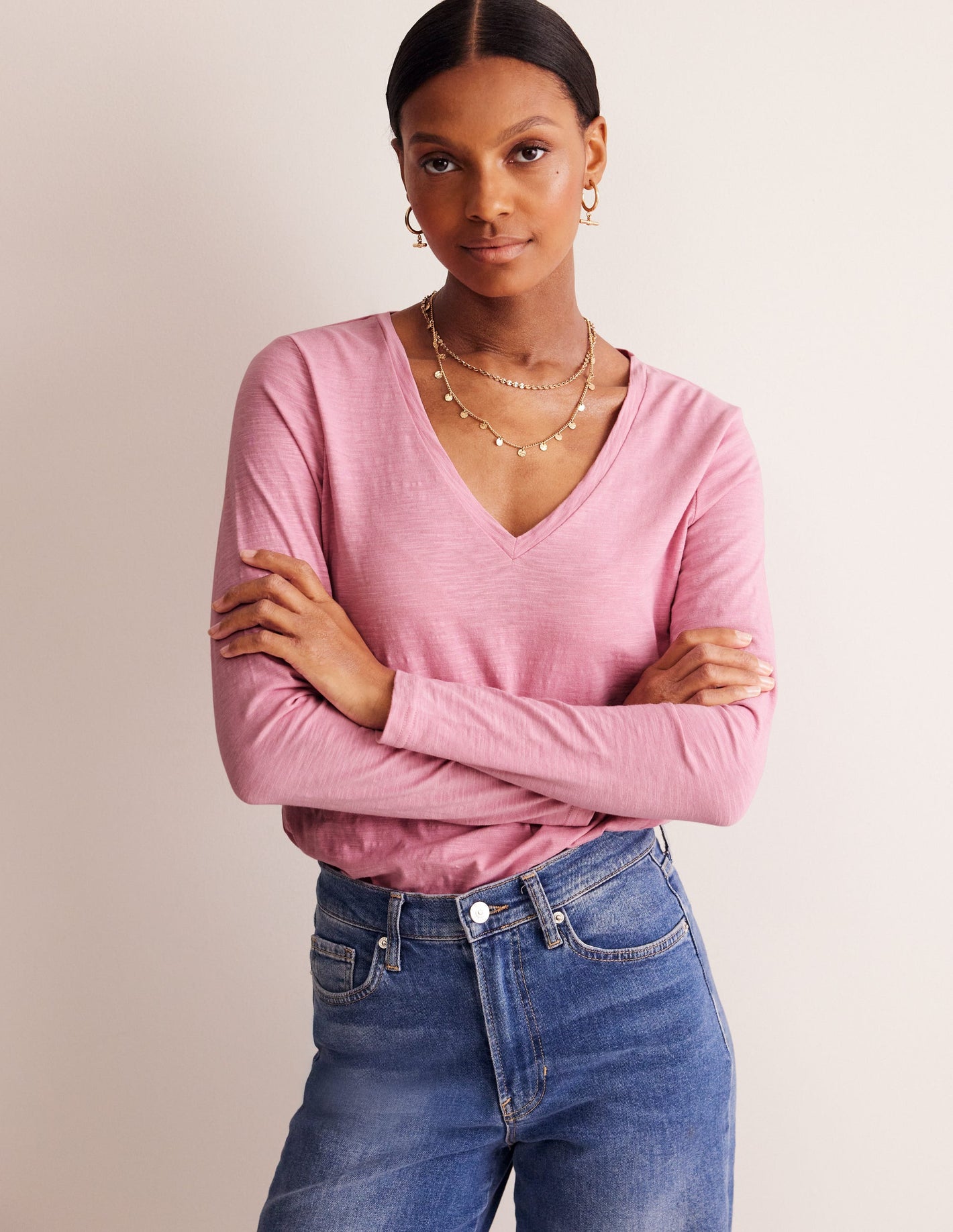 Cotton V-Neck Long Sleeve Top-Old Rose