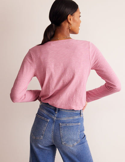 Cotton V-Neck Long Sleeve Top-Old Rose