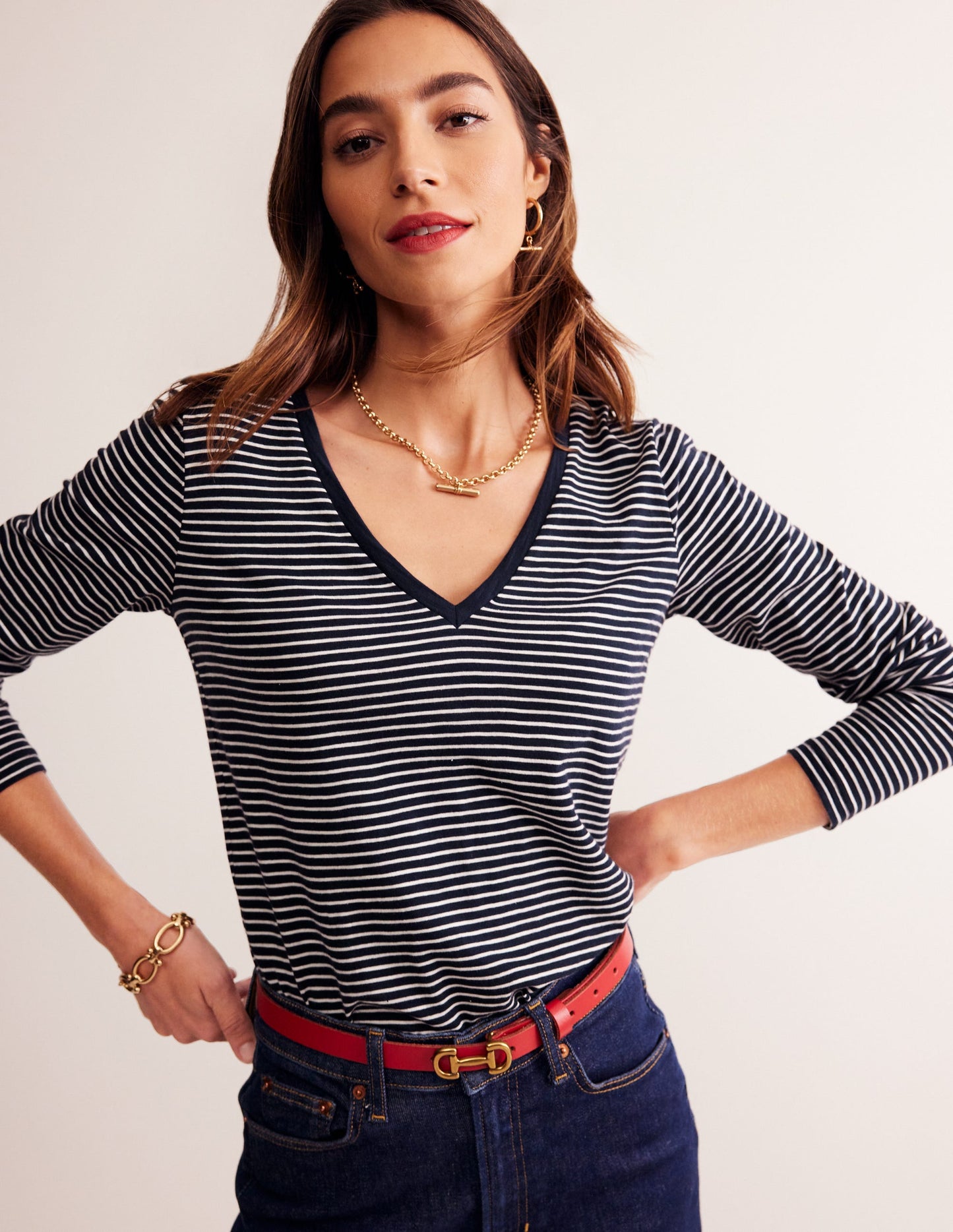 Cotton V-Neck Long Sleeve Top-Navy, Ivory