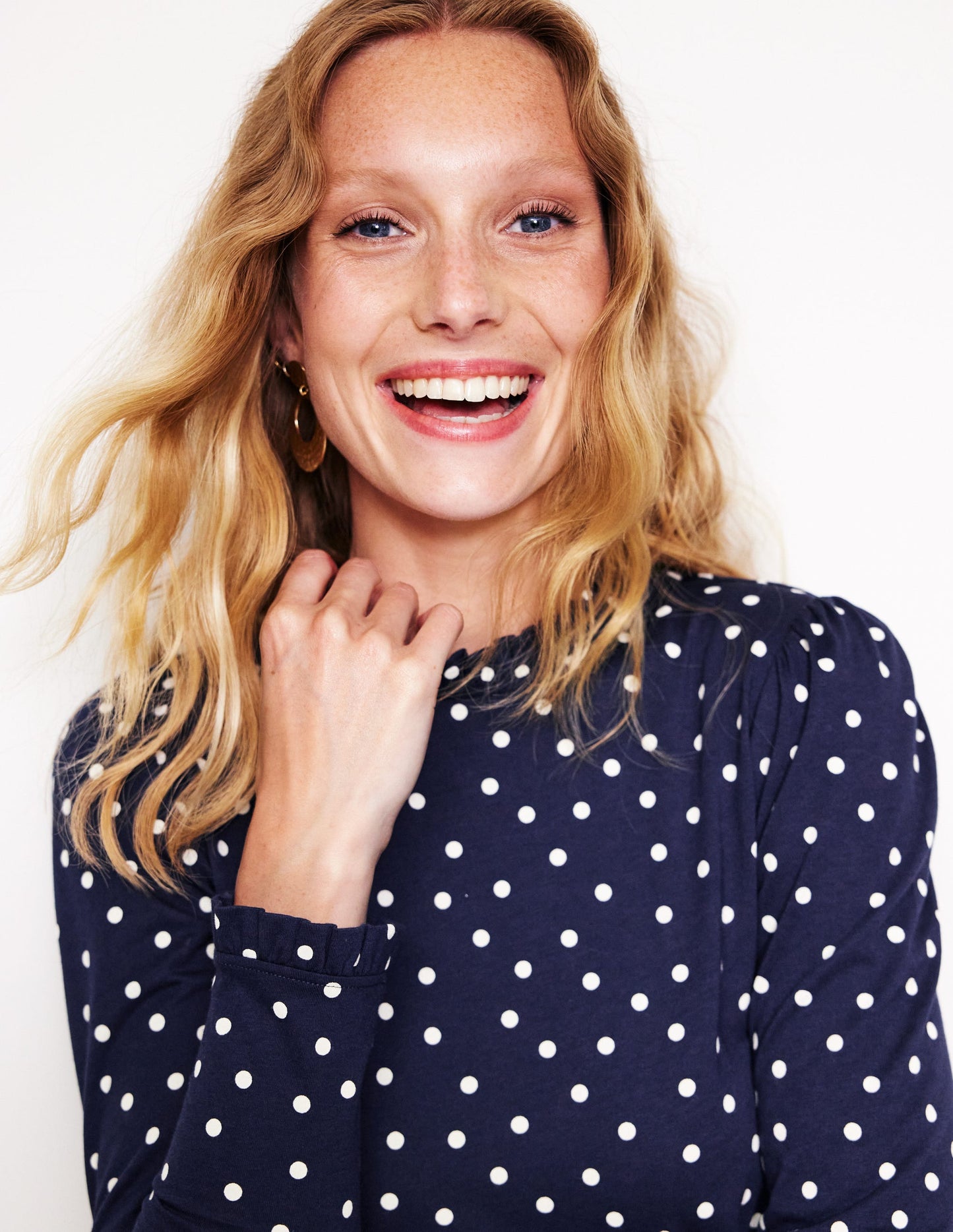 Supersoft Frill Detail Top-French Navy, Sparse Spot