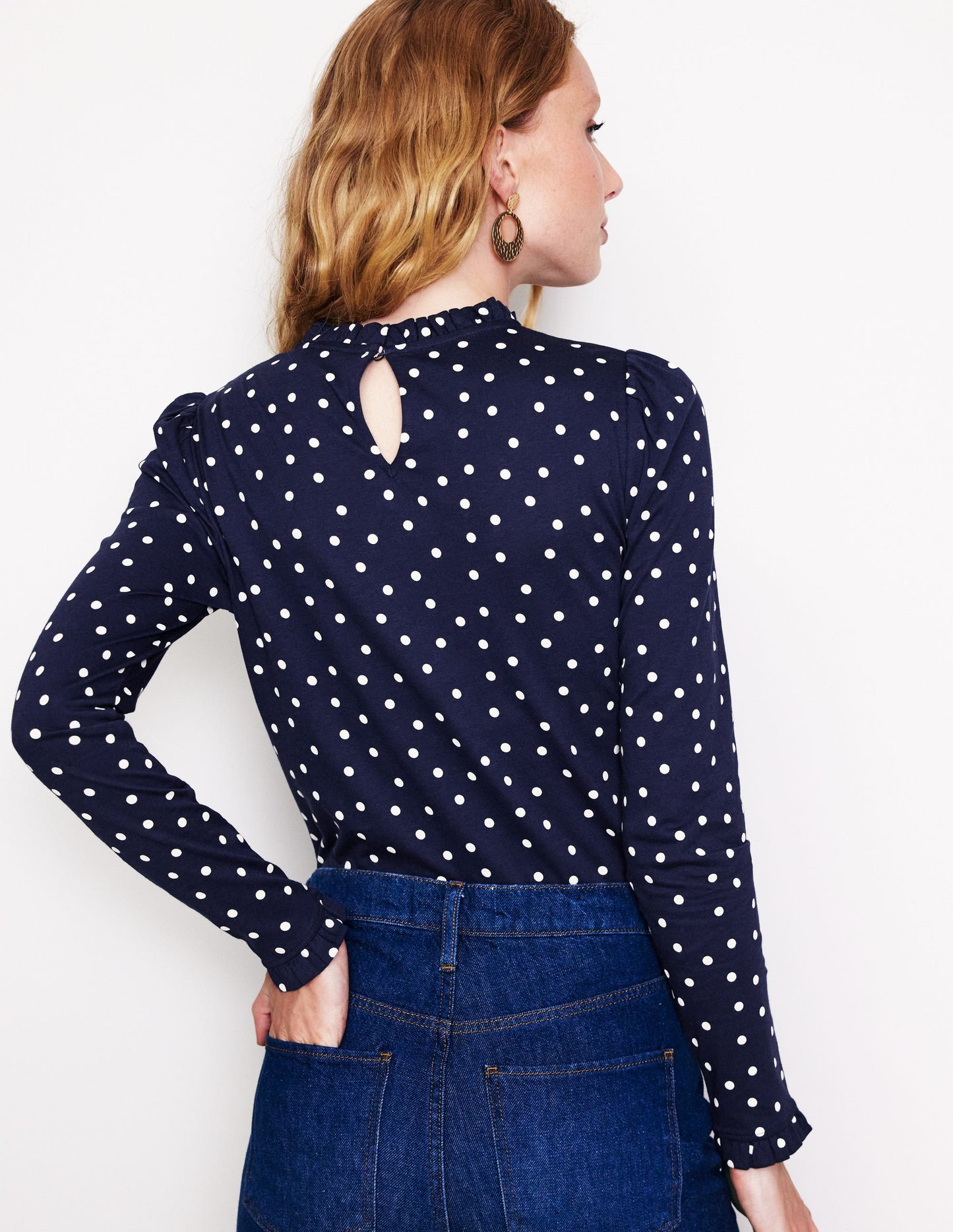 Supersoft Frill Detail Top-French Navy, Sparse Spot